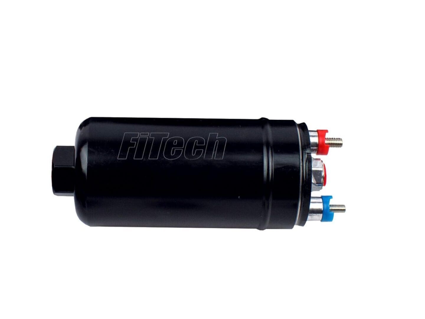 Black cylindrical fuel pump with colored connectors.