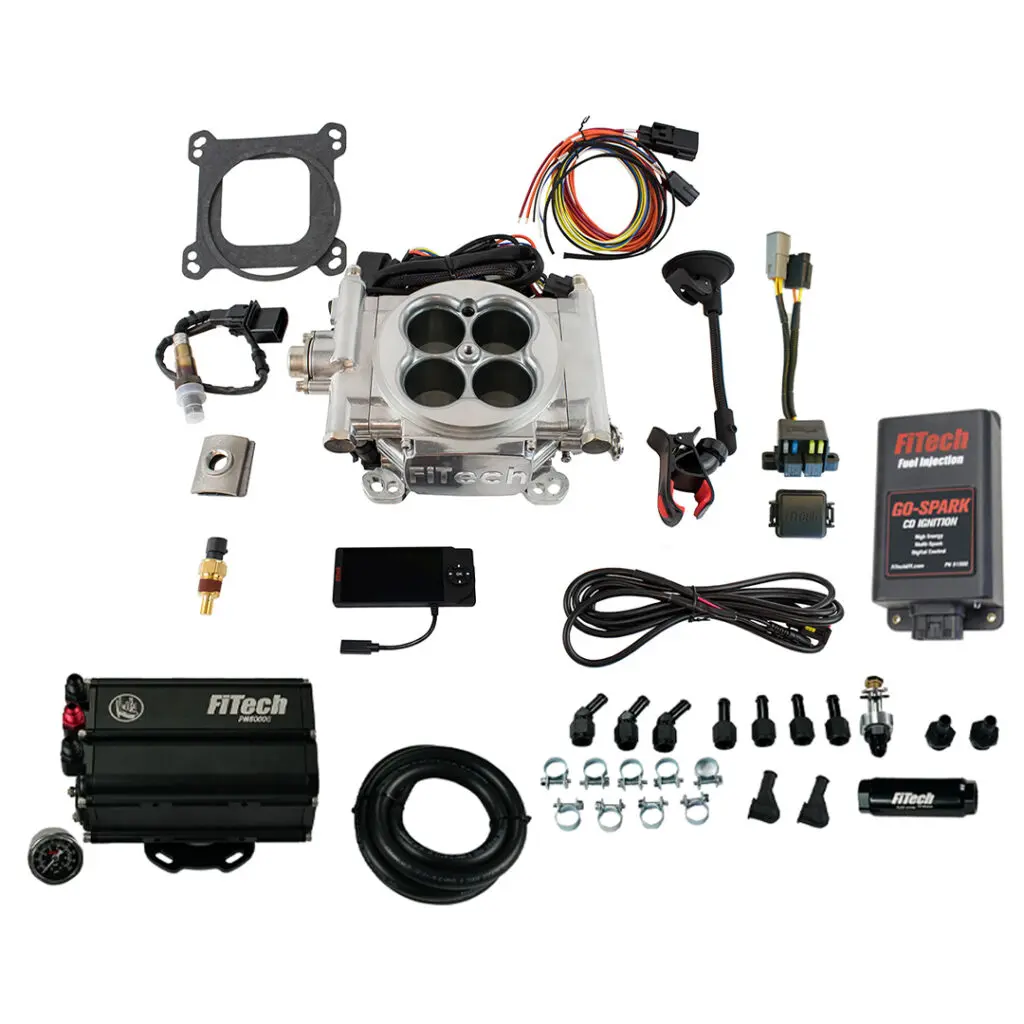 FiTech Fuel Injection 93551 Go EFI 4 600 HP Bright Aluminum EFI System With Force Fuel Mini Delivery & Go Spark CDI Box Master Kit