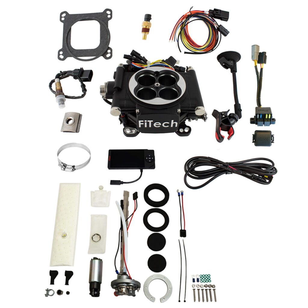 FiTech Fuel Injection 36502 Go EFI 4 600 HP Matte Black EFI System With Go Fuel In-Tank Regulated Pump 255 LPH Master Kit