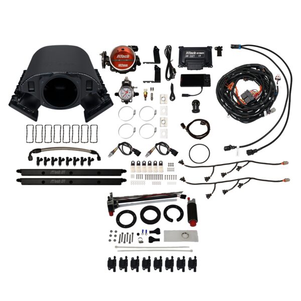 <span style="color:#ED3237;">79692</span><br>Ultimate Rebel LS 1000 HP EFI System With Short Cathedral Intake, In Tank 440 LPH Pump Module, Go Fuel Regulator, & Go Spark LS3 Style Coil With LED 8 Pack Master Kit