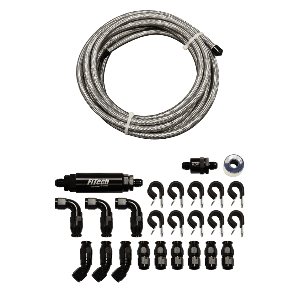 FiTech Fuel Injection 51005 PTFE, Stainless Steel Hose Kit, Natural, 20ft w 10 Micron Filter and Check Valve