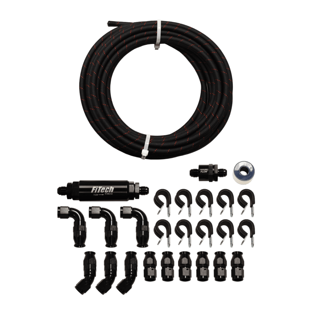FiTech Fuel Injection 51006 PTFE, Stainless Steel Hose Kit, Black Covering, 20ft w 10 Micron Filter and Check Valve