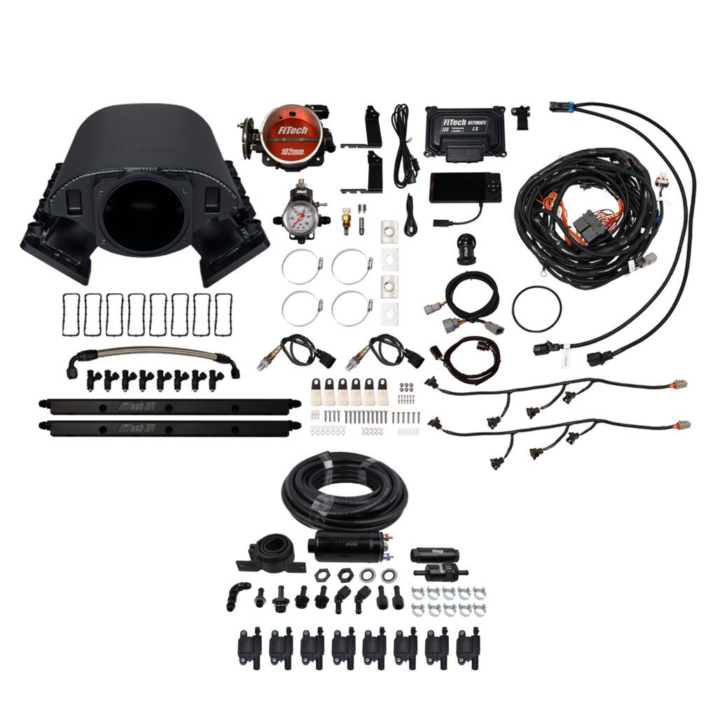 FiTech Fuel Injection 78191 Ultimate Rebel LS 750 HP EFI System With Short Cathedral Intake, Transmission Control, Inline Hose Kit & LS3 Coil Pack Set