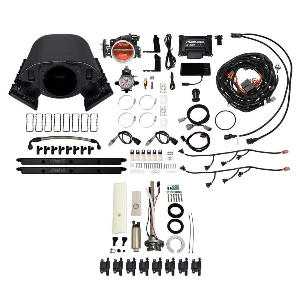FiTech Fuel Injection 78789 Ultimate Rebel LS 500 HP EFI System With Short Cathedral Intake, Transmission Control, Go Fuel In-Tank Regulated Pump 340 LPH & Go Spark LS3 Style Coil 8 Pack Master Kit