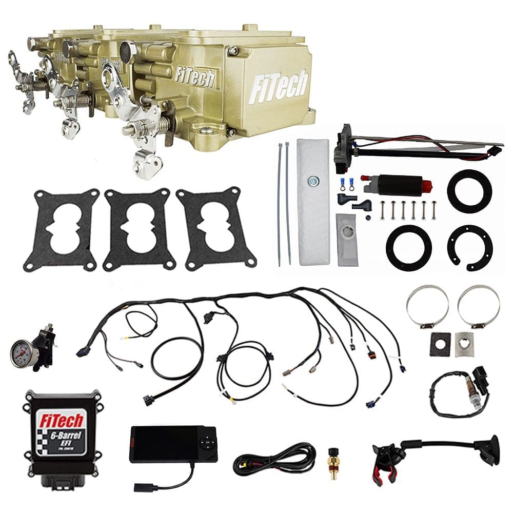 FiTech carburetor kit with various components displayed.