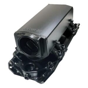 Black metal automotive engine cover component.