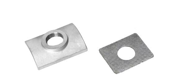 Metal nut and washer on white background.