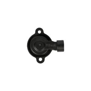 Black automotive sensor component with connector port and mounting holes.
