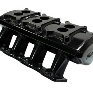 Black engine intake manifold on white background.