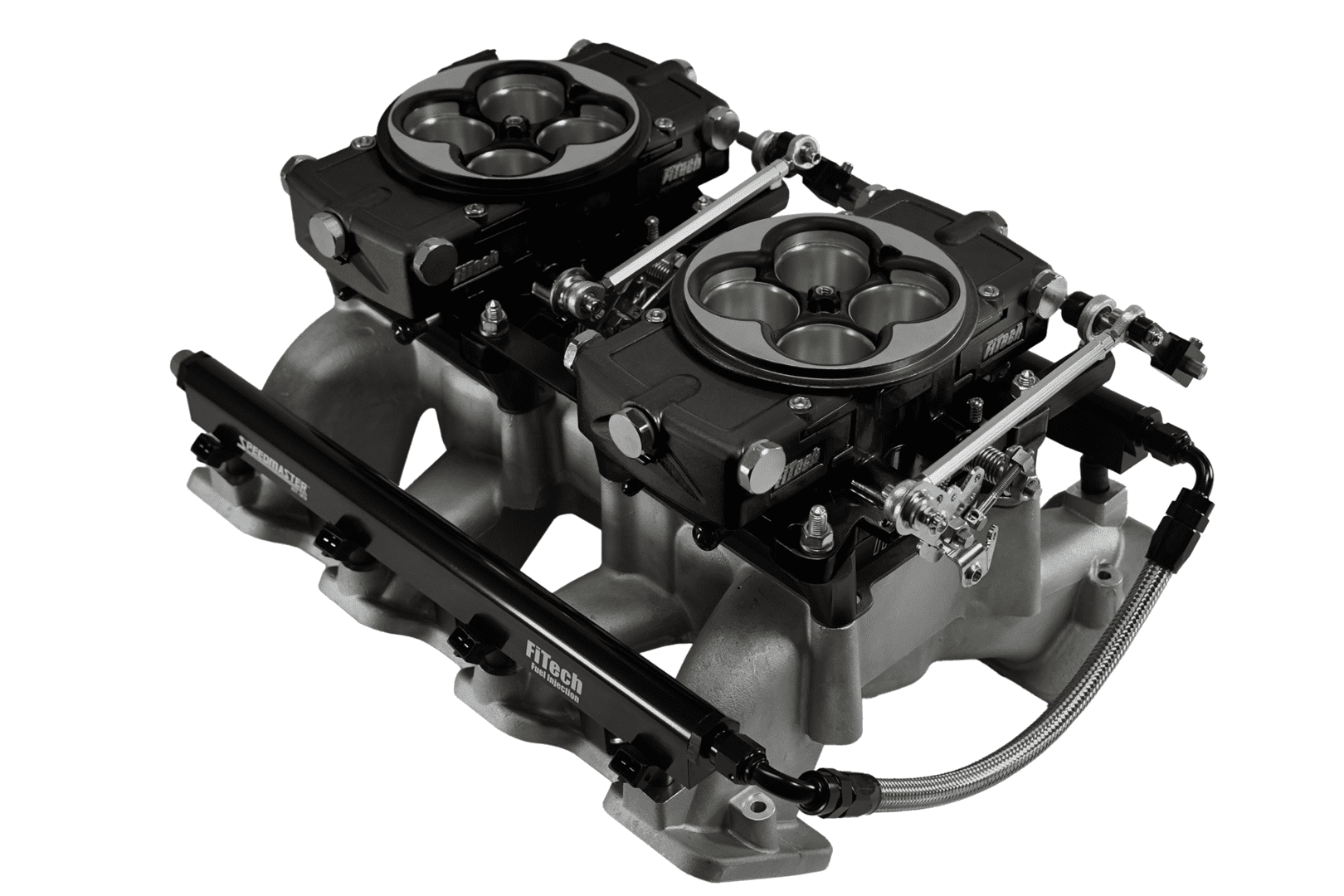 Dual carburetors on a gray intake manifold.