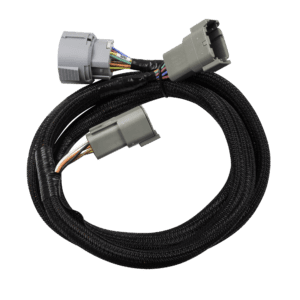 Coiled automotive wiring harness with connectors.