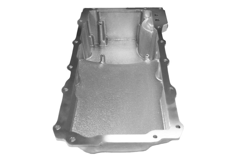 Silver engine oil pan, top view.