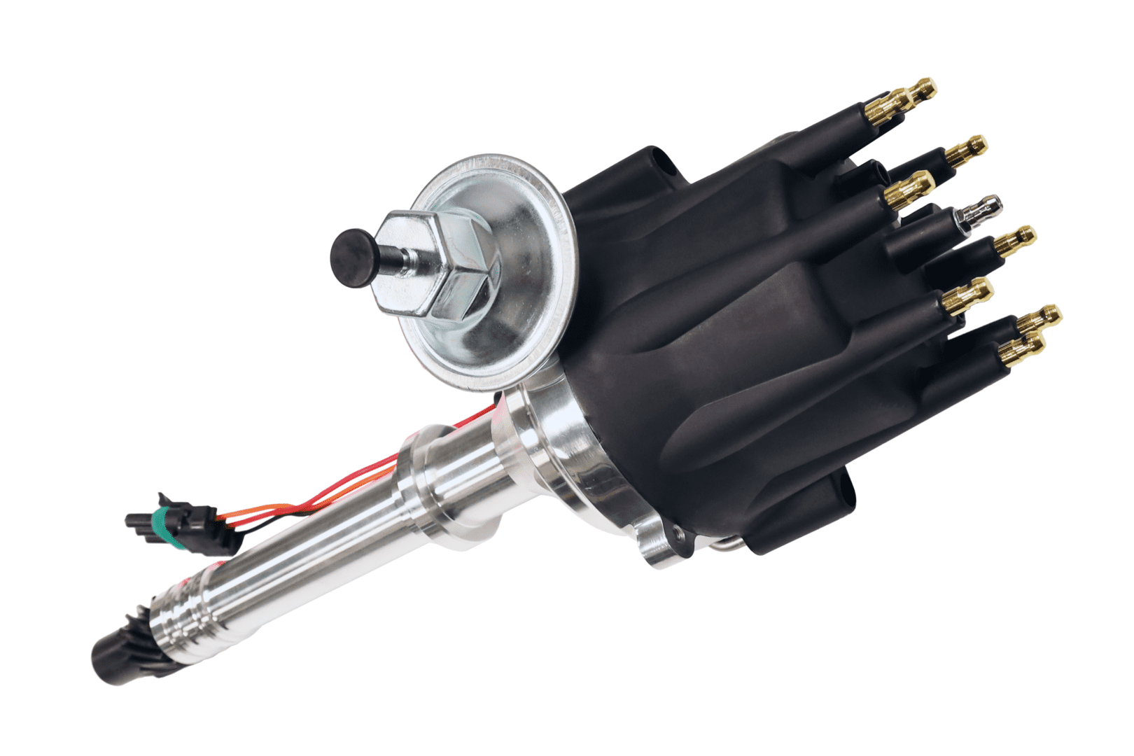 Car engine distributor with vacuum advance mechanism.