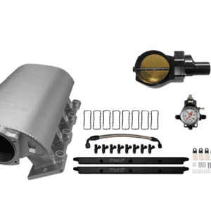 Car engine parts and accessories on white background.