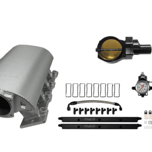 Car engine intake manifold and components displayed.