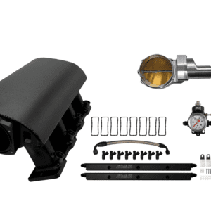Engine intake manifold with accessories and components.