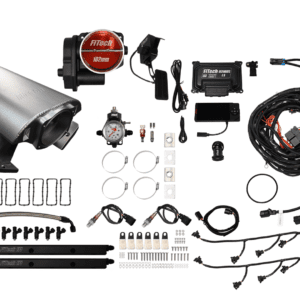 Car engine parts and wiring kit displayed.