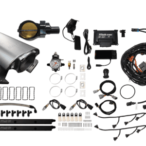 Car engine intake system parts laid out.
