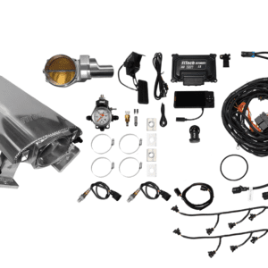 Car engine parts and wiring kit displayed.