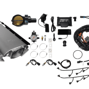 Car engine modification kit with various components.