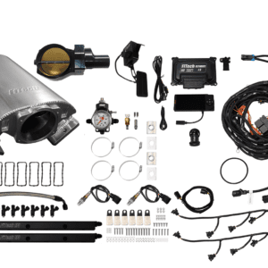 Car engine components and wiring kit display.