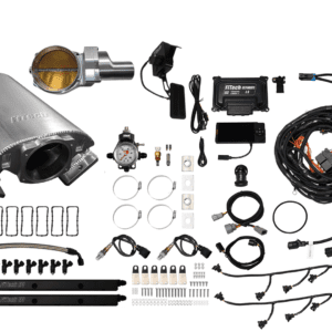 Car engine performance parts and accessories laid out.