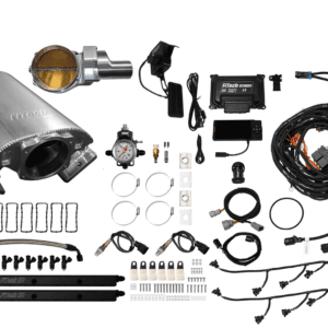 Car engine parts and wiring kit laid out.