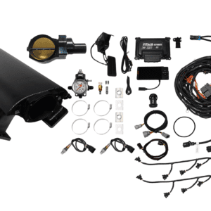 Car engine parts and wiring kit displayed.