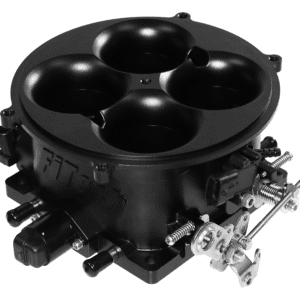 A black four-barrel carburetor for an engine.
