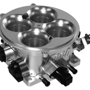 A silver automotive throttle body with four circular openings and attached sensors.