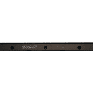 Close-up of a black metal strip with holes and engraved text.