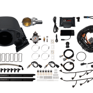 Complete car turbo installation kit with all components laid out.