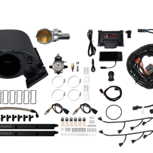 Complete car exhaust system kit with various pipes, sensors, and clamps.