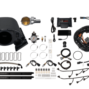 Complete vehicle air suspension kit with compressors, valves, and wiring.