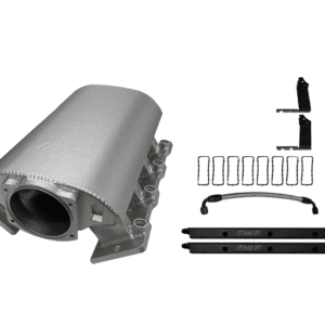 Automotive intake manifold with gaskets and hardware components.