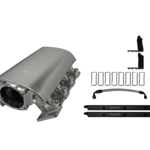 Car engine intake manifold with mounting hardware laid out.