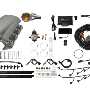 Complete automotive supercharger kit with components and wiring.