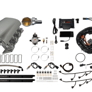 Car engine parts and wiring components laid out on a white background.