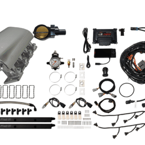 Complete automotive engine wiring harness with components and connectors.