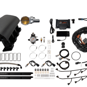 Complete car engine cold air intake kit with wiring and accessories.