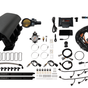 Complete automotive air intake and wiring kit with components and cables.