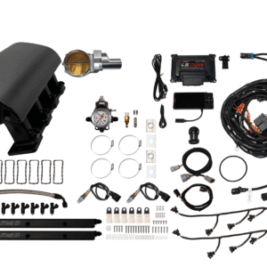 Components of an automotive air suspension system laid out on a white surface.