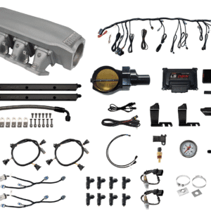 A collection of automotive engine components and wiring parts laid out on a white background.