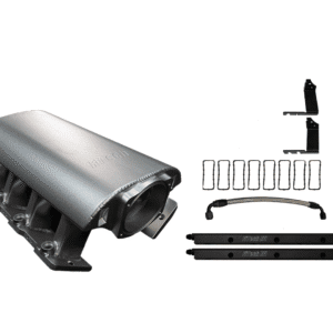 Silver automotive intake manifold with black components on white background.