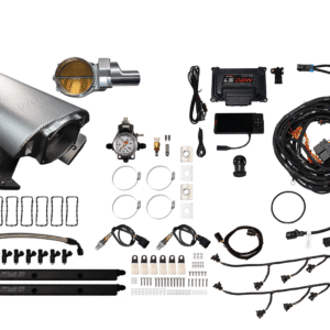 Car turbocharger kit with various components and wiring laid out on a white background.