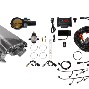 Complete automotive intake and wiring kit with sensors and connectors.