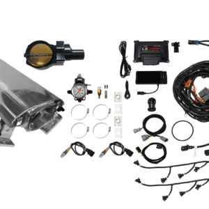Car engine intake manifold kit with sensors and wiring harness.