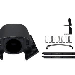 Black plastic mechanical or electronic device parts arranged neatly on a white background.