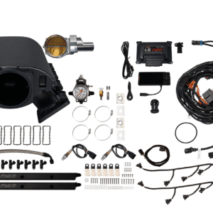 Complete car turbo kit with various components and wiring.