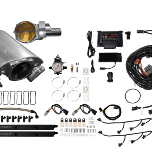 Complete car exhaust system parts and accessories laid out on a white background.